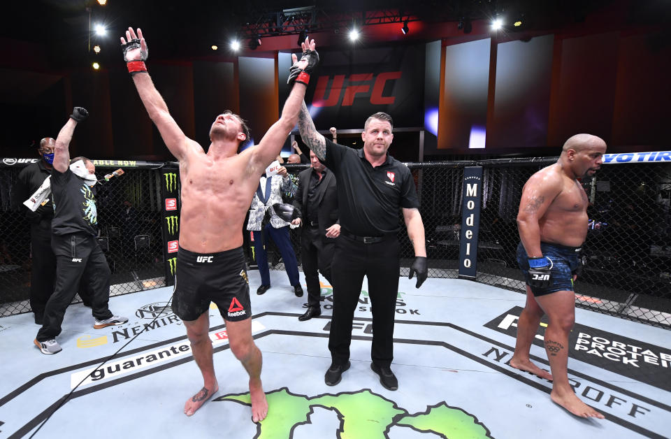 LAS VEGAS, NEVADA - AUGUST 15: Stipe Miocic celebrates after his victory over Daniel Cormier in their UFC heavyweight championship bout during the UFC 252 event at UFC APEX on August 15, 2020 in Las Vegas, Nevada. (Photo by Jeff Bottari/Zuffa LLC)