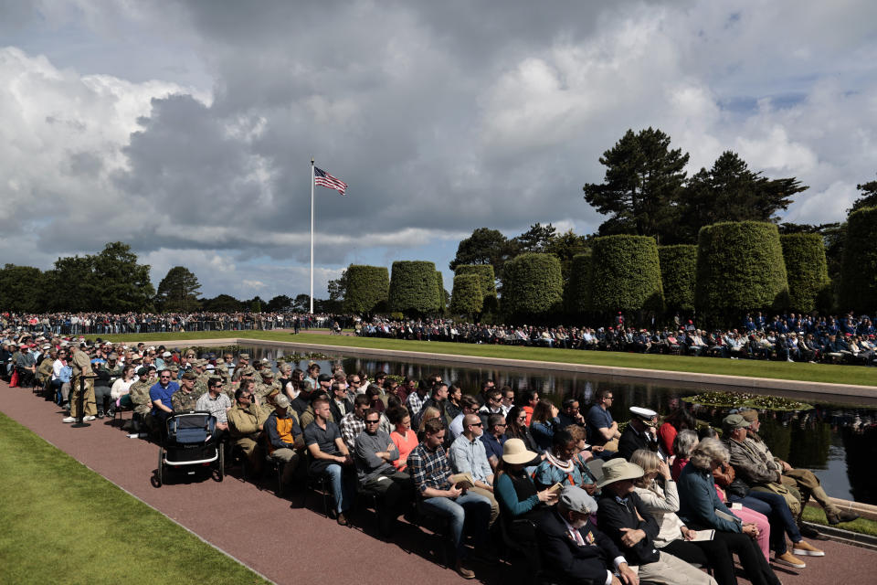 Crowds of French and international visitors attend the 78th anniversary of D-Day ceremony, in the Normandy American Cemetery and Memorial of Colleville-sur-Mer, overlooking Omaha Beach, Monday, June, 6, 2022. The ceremonies pay tribute to the nearly 160,000 troops from Britain, the U.S., Canada and elsewhere who landed on French beaches on June 6, 1944, to restore freedom to Europe after Nazi occupation. (AP Photo/ Jeremias Gonzalez)