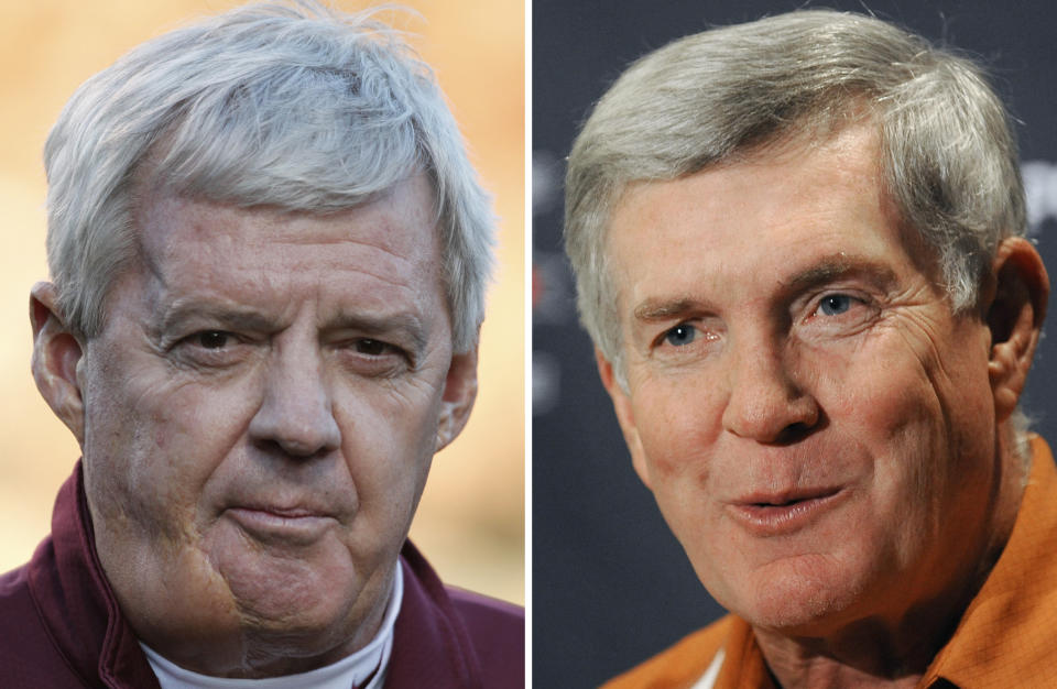 Virginia Tech coach Frank Beamer and former Texas coach Mack Brown are among the 2018 College Football Hall of Fame class. (AP Photo/File)