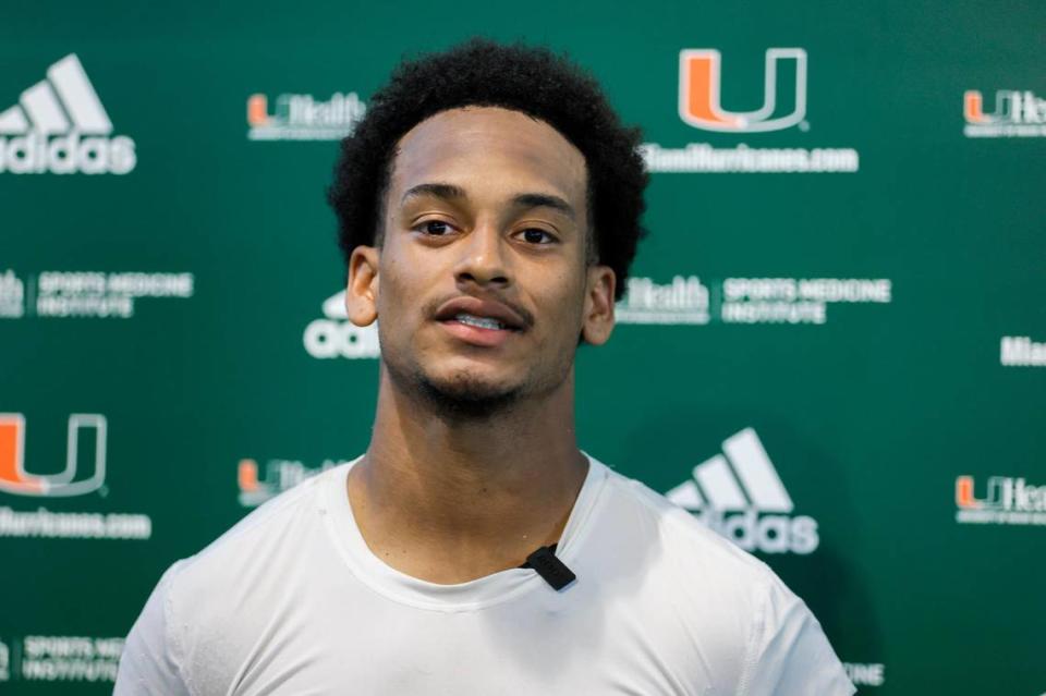 Miami Hurricanes defensive back Daryl Porter Jr. (2) talks to reporters after football practice at the University of Miami campus in Coral Gables, Florida, Tuesday, April 4, 2023.