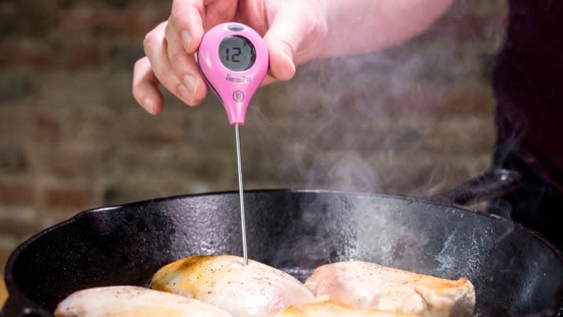 An instant read thermometer is to quickest way to know your meat is done cooking.