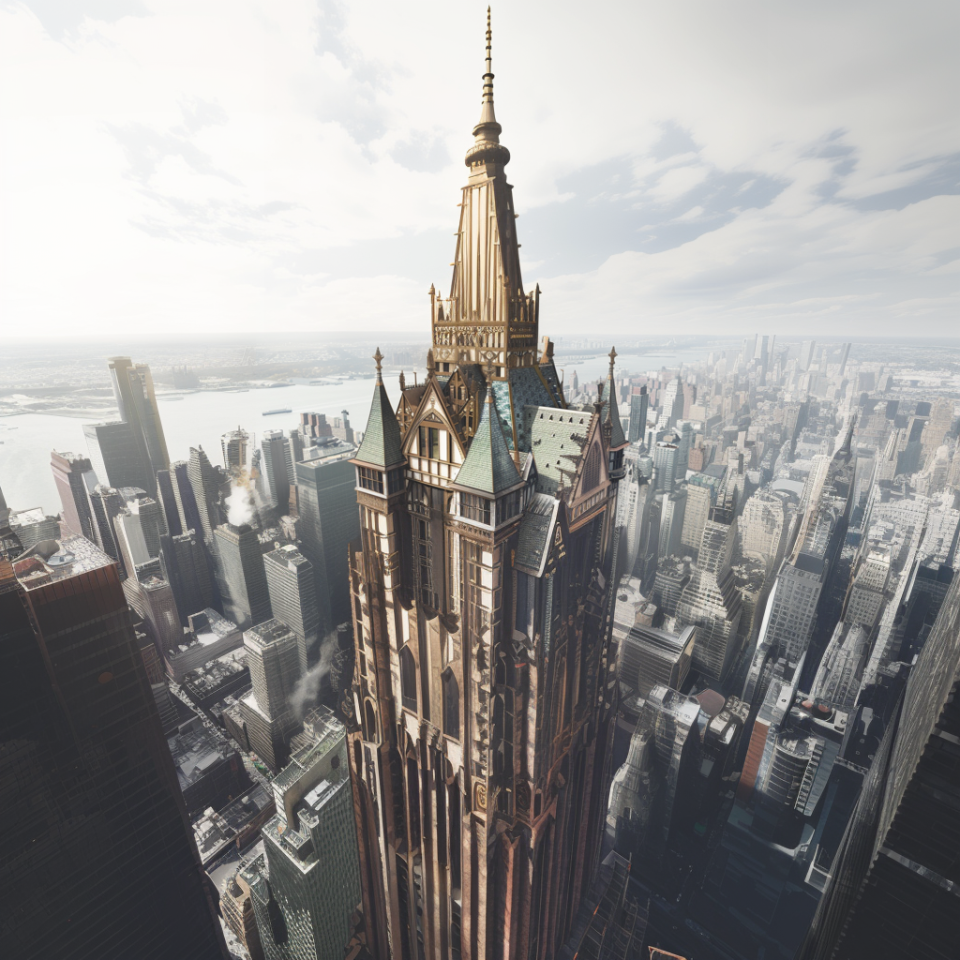 Aerial view of a tall Gothic-style skyscraper towering over a cityscape with other buildings