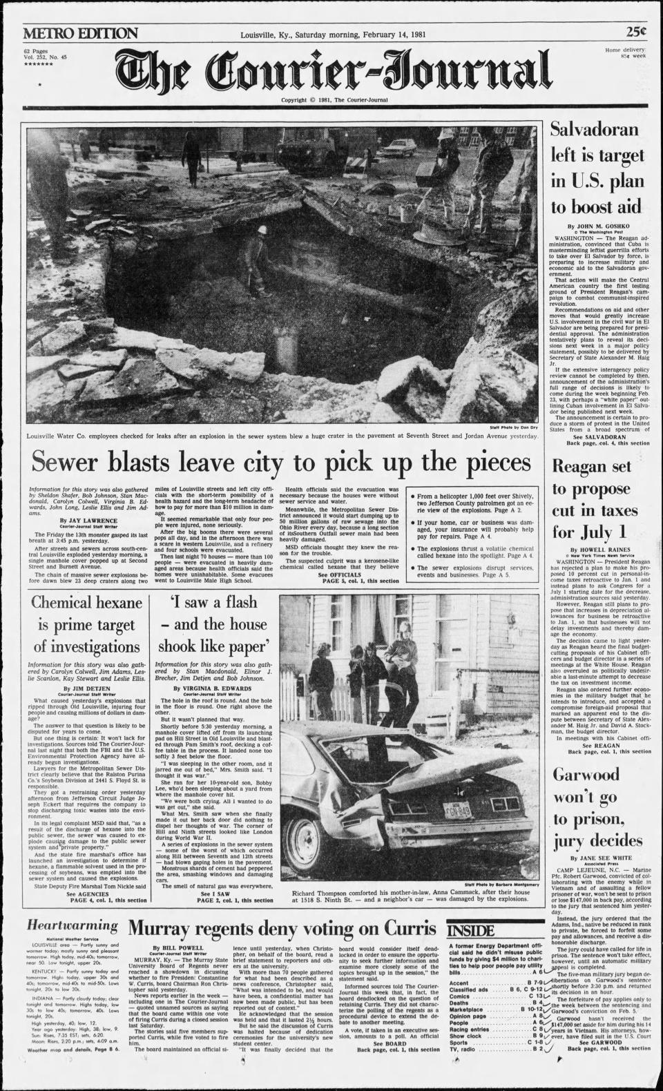 The front page of the Louisville Courier Journal on Saturday, Feb. 14, 1981, covering sewer explosions that hit the city.