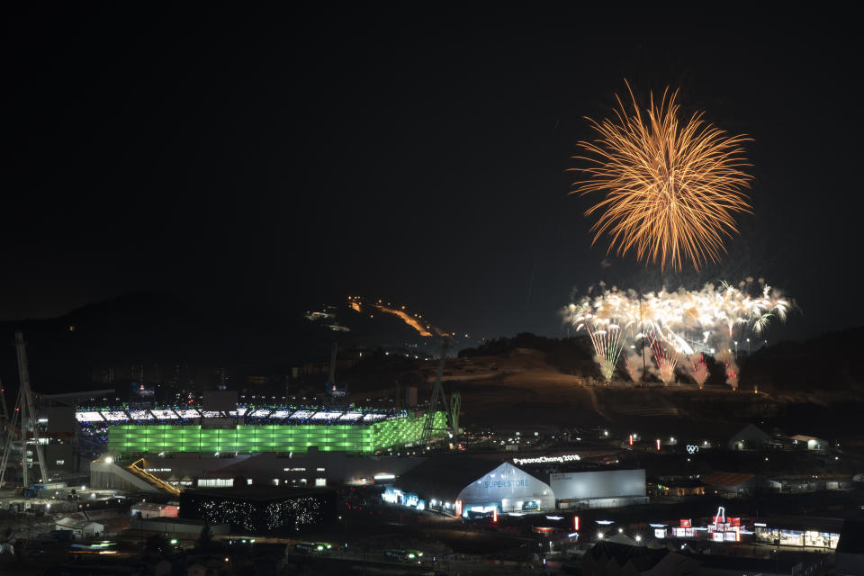 Fireworks explode behind the Olympic Stadium during the closing ceremony of the 2018 Winter Olympics in Pyeongchang, South Korea, Sunday, Feb. 25, 2018. (AP Photo/Felipe Dana)