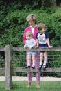 <p>Princess Diana spends time with William and Harry on the royal residence grounds of Highgrove in Tetbury, Gloucestershire in July 1986. </p>