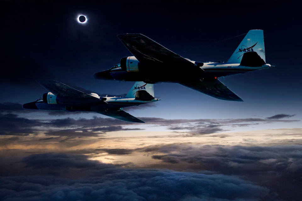 A photo illustration of the two NASA WB-57F jet planes that will chase the total solar eclipse on Aug. 21, allowing scientists to image the sun's outer atmosphere and study temperature variations on Mercury. <cite>NASA/Faroe Islands/SwRI</cite>