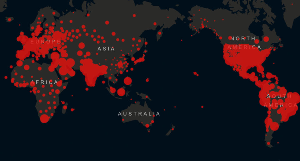 Pictured are red dots on a map showing the prevalence of coronavirus in the world's continents. 