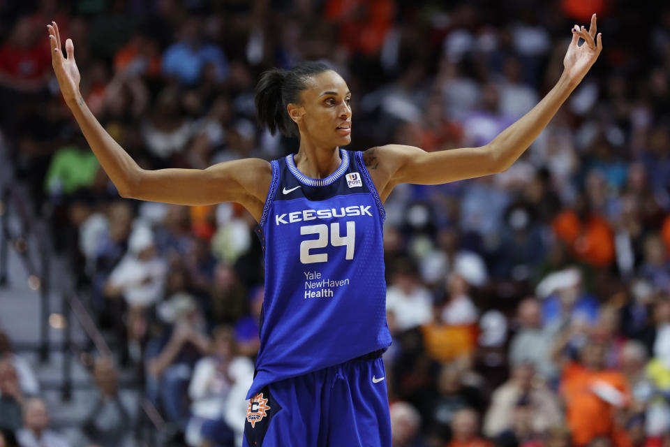 Connecticut Sun's DeWanna Bonner reacts in the fourth quarter against the Las Vegas Aces during Game 3 of the 2022 WNBA Finals at Mohegan Sun Arena in Uncasville, Connecticut, on Sept. 15, 2022. (Maddie Meyer/Getty Images)