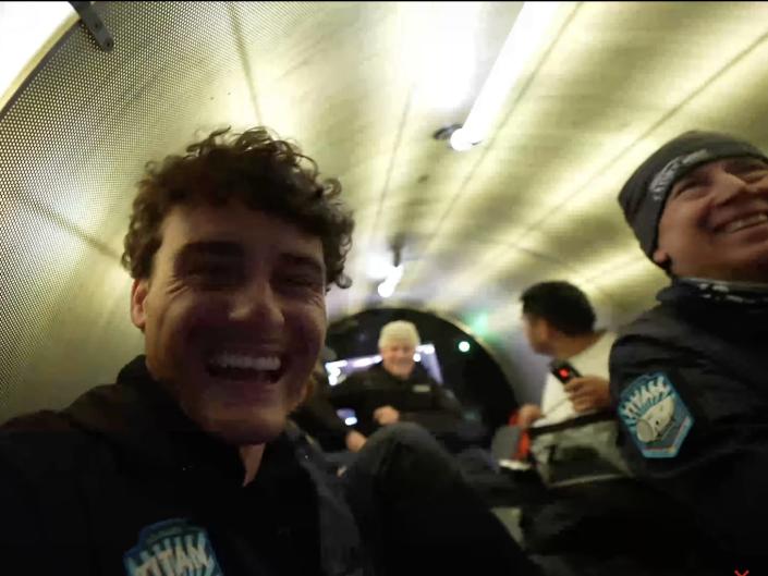 A YouTube screenshot of Jake Koehler (left), inside the Titan sub with OceanGate CEO Stockton Rush.