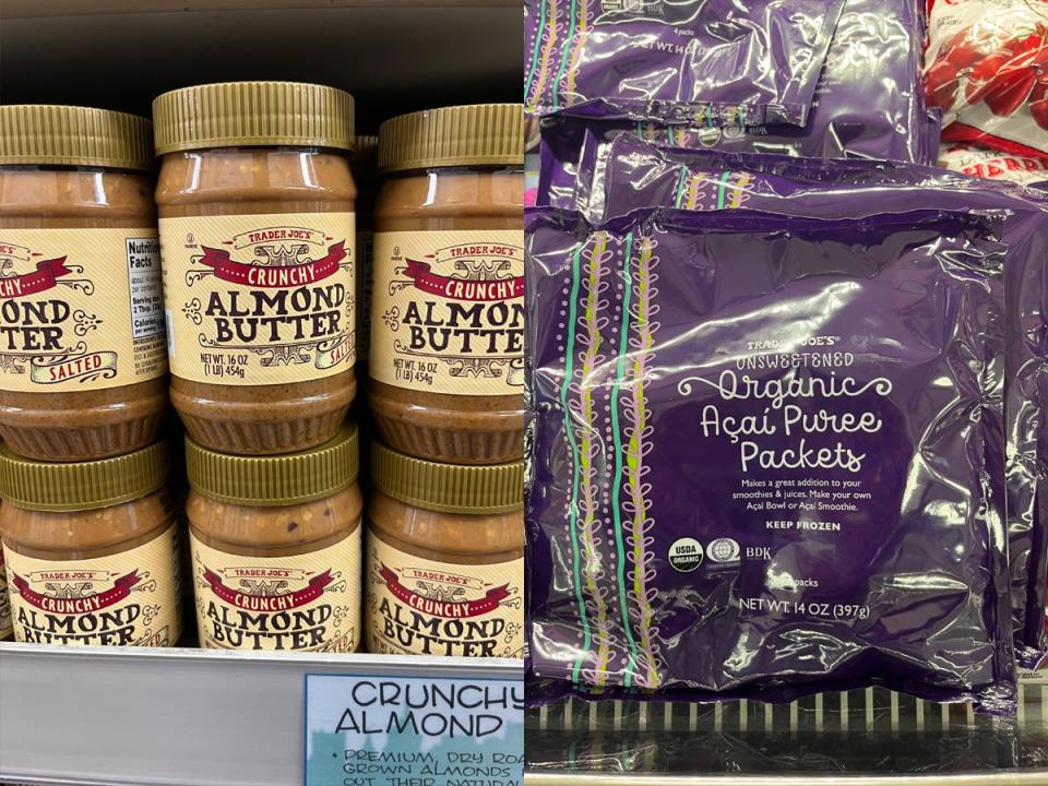 Jars of trader joe's almond butter on shelf next to image of Trader Joe's uinsweetened acai puree packets in freezer section