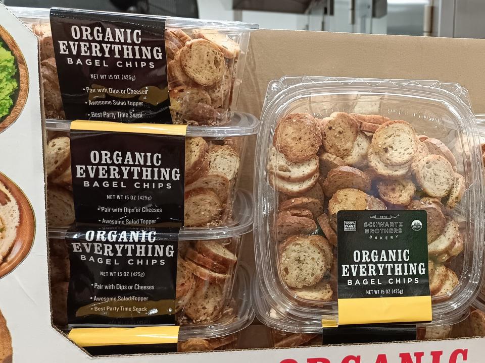 clear and black packages of everything bagel chips at costco