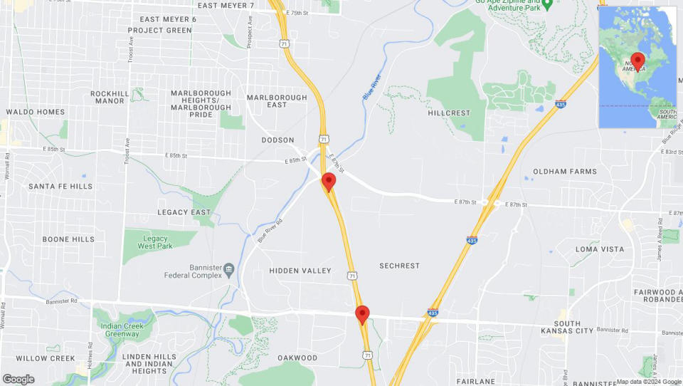 A detailed map that shows the affected road due to 'Heavy rain prompts traffic advisory on southbound I-40/US-71 in Kansas City' on May 2nd at 5:26 p.m.