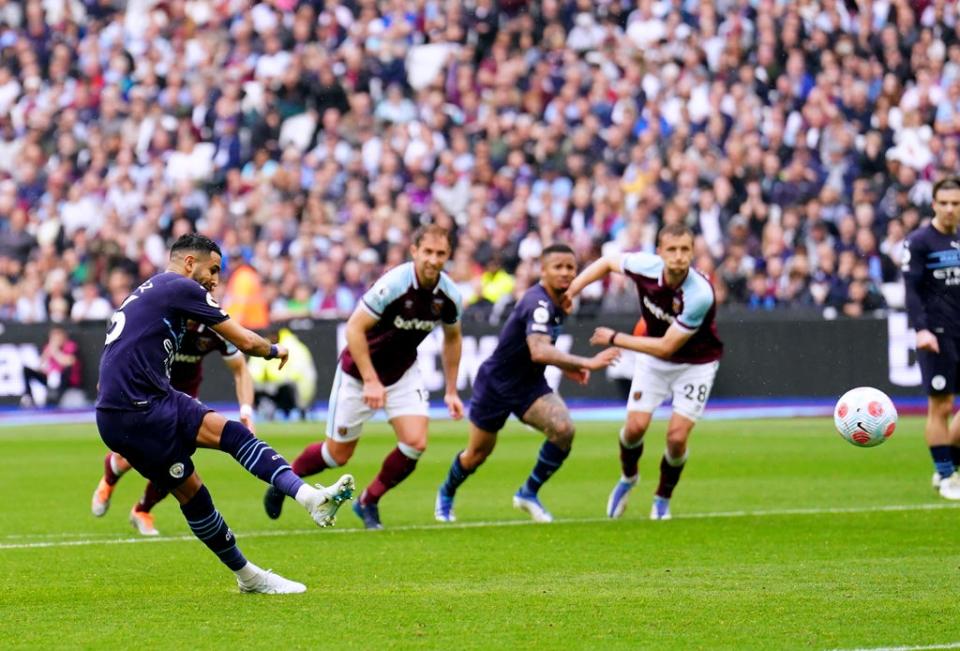 Manchester City’s Riyad Mahrez sees his penalty saved during the 2-2 draw with West Ham at the London Stadium (Adam Davy/PA) (PA Wire)