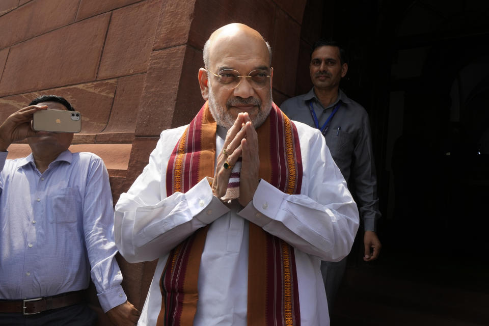 Indian Home Minister Amit Shah arrives on the opening day of the monsoon session of the Indian parliament, in New Delhi, India, Thursday, July 20, 2023. Indian prime minister Narendra Modi Thursday broke more than two months of his public silence over the deadly ethnic clashes that have marred the country's remote northeast Manipur state, a day after a viral video showed two women being paraded naked by a mob, sparking outrage across the nation. (AP Photo/Manish Swarup)