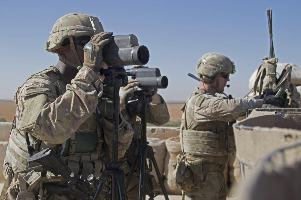 In this Nov. 1, 2018, photo released by the U.S. Army, soldiers surveil the area during a combined joint patrol in Manbij, Syria. The United States’ main ally in Syria on Thursday, Dec. 20, 2018, rejected President Donald Trump’s claim that Islamic State militants have been defeated and warned that the withdrawal of American troops would lead to a resurgence of the extremist group. (U.S. Army photo by Spc. Zoe Garbarino via AP)