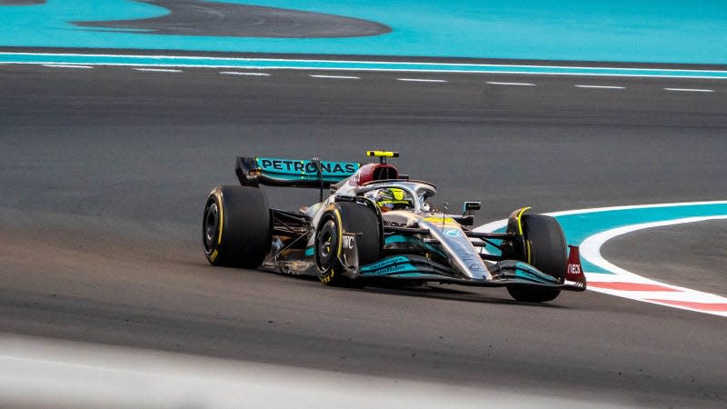 A photo of the 2022 Mercedes Formula 1 car on track. 