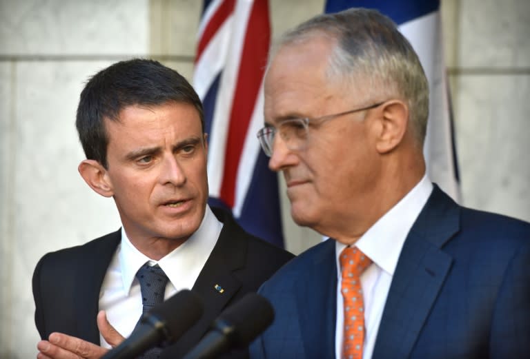 French Prime Minister Manuel Valls (L) speaks during a joint press conference with his Australian counterpart Malcolm Turnbull, at Parliament House in Canberra, on May 2, 2016