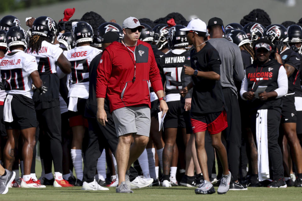 Atlanta Falcons head coach Arthur Smith watches during the NFL football team's training camp, Wednesday, July 27, 2022, in Flowery Branch, Ga. (Jason Getz/Atlanta Journal-Constitution via AP)