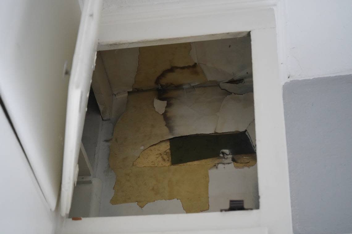 Mold and water damage was visible inside a kitchen cabinet in a rental unit at 809 High Street on Wednesday, Sept. 27, 2023. Tenants were able to break their lease with Lakeway Realty, the property management company, due to habitability concerns.