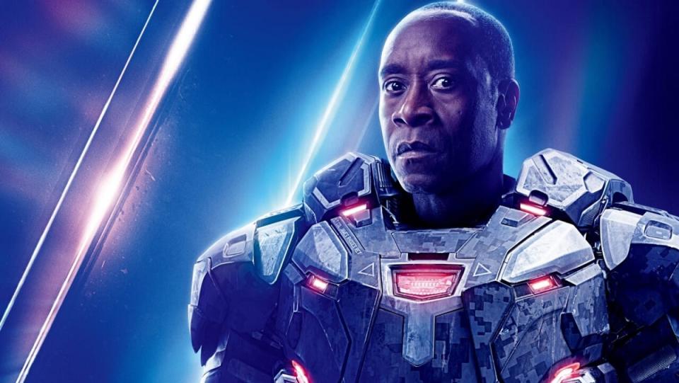 Don Cheadle wearing the War Machine armor for Marvel's Infinity War.