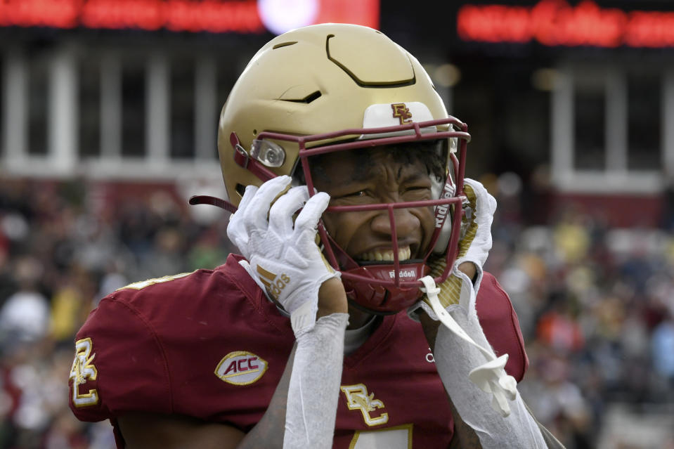 Boston College wide receiver Zay Flowers reacts after a touchdown against Louisville during the first half of an NCAA college football game Saturday, Oct. 1, 2022, in Boston. (AP Photo/Mark Stockwell)