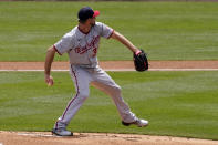 Washington Nationals starting pitcher Max Scherzer throws to the plate during the first inning of a baseball game against the Los Angeles Dodgers Sunday, April 11, 2021, in Los Angeles. (AP Photo/Mark J. Terrill)