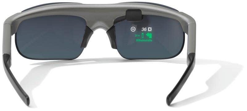 A simulated look at the data projection on the lens of BMW Motorrad's new ConnectedRide Smartglasses.