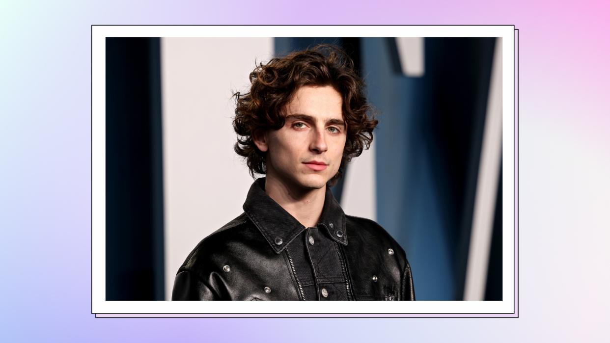   Timothée Chalamet wears a leather jacket as he attends the 2022 Vanity Fair Oscar Party Hosted By Radhika Jones at Wallis Annenberg Center for the Performing Arts on March 27, 2022 in Beverly Hills, California/ in a blue, purple and white gradient template 