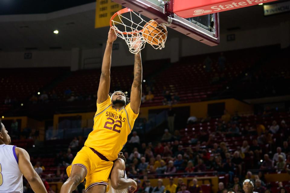 Nov 27, 2022; Tempe, Arizona, USA; Arizona State Sun Devils senior forward Warren Washington (22) dunks against the Alcorn State Braves at Desert Financial Arena in Tempe on Sunday, Nov. 27, 2022. Mandatory Credit: Alex Gould/The Republic