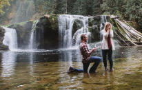 <p>This couple certainly wasn't afraid to get their shoes wet when they got engaged in the midst of a waterfall in Washington. The groom-to-be planned the proposal with photographers over a month in advance.</p><p><em>Via <a rel="nofollow noopener" href="http://jmhunterphotography.com/" target="_blank" data-ylk="slk:J.M. Hunter Photography;elm:context_link;itc:0;sec:content-canvas" class="link ">J.M. Hunter Photography</a> and <a rel="nofollow noopener" href="http://junebugweddings.com/wedding-blog/adorable-washington-proposal-lower-lewis-river-falls/" target="_blank" data-ylk="slk:Junebug Weddings;elm:context_link;itc:0;sec:content-canvas" class="link ">Junebug Weddings</a></em><br></p>