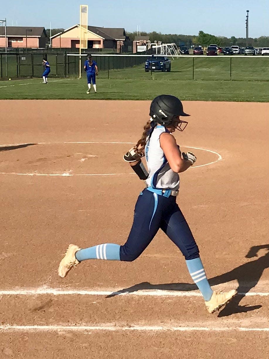 River Valley's Shelby Westler runs to first base during a tournament softball game against Bexley this season. Westler was a first-team All-Ohio pick as a senior after earning honorable mention All-Ohio as a junior.