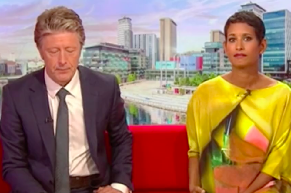 Charlie Stayt and Naga Munchetty were visibly emotional as they broke the news of Bill Turnbull's death. (BBC)