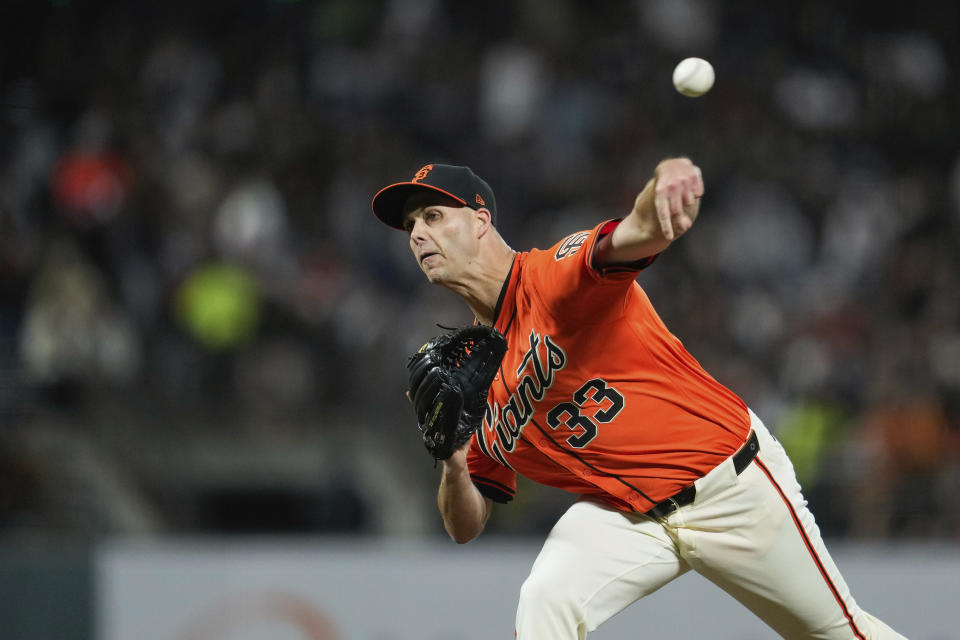 San Francisco Giants' Taylor Rogers pitches to a Los Angeles Angels batter during the seventh inning of a baseball game Friday, June 14, 2024, in San Francisco. (AP Photo/Godofredo A. Vásquez)