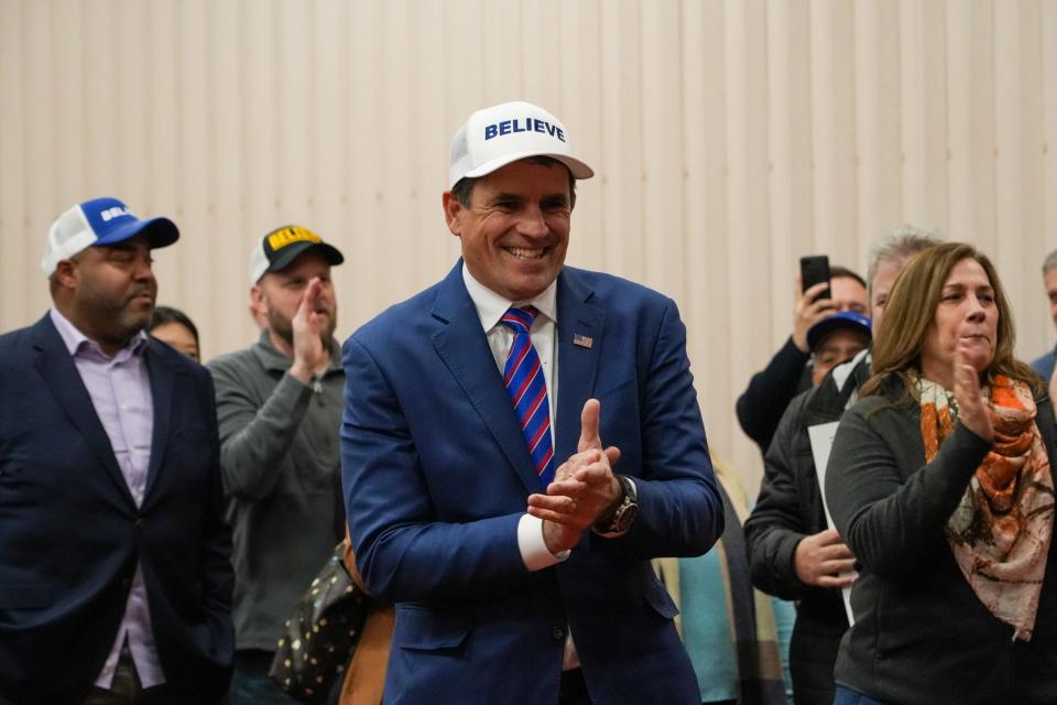 GOP presidential candidate Ryan Binkley walks to the stage at a rally on Sunday, Jan. 14, 2024, at Holiday Inn Des Moines-Airport in Des Moines.