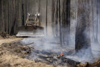 A bulldozer operated by the Forestry Corporation works at building a containment line at a fire near Bodalla, Australia, Sunday, Jan. 12, 2020. Authorities are using relatively benign conditions forecast in southeast Australia for a week or more to consolidate containment lines around scores of fires that are likely to burn for weeks without heavy rainfall. (AP Photo/Rick Rycroft)
