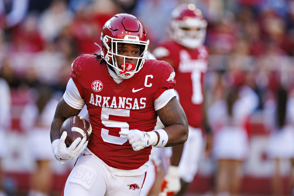 FAYETTEVILLE, ARKANSAS – NOVEMBER 11: Raheim Sanders #5 of the Arkansas Razorbacks runs the ball in the first half during the game against the Auburn Tigers at Donald W. Reynolds Razorback Stadium on November 11, 2023 in Fayetteville, Arkansas. (Photo by Wesley Hitt/Getty Images)