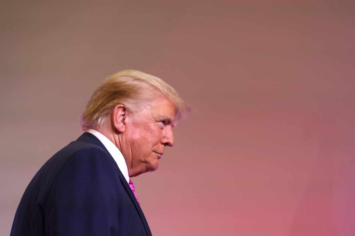 Former U.S. President Donald Trump is introduced at the Oakland County Republican Party's Lincoln Day dinner at Suburban Collection Showplace on June 25, 2023 in Novi, Michigan (Getty Images)