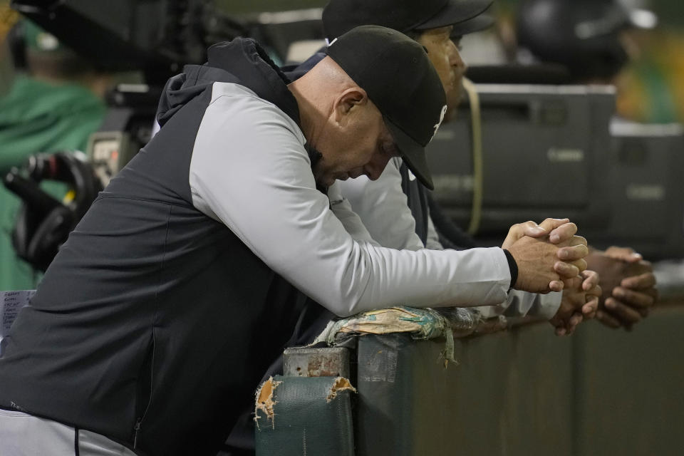 Chicago White Sox manager Pedro Grifol reacts during the ninth inning of the team's baseball game against the Oakland Athletics in Oakland, Calif., Monday, Aug. 5, 2024. (AP Photo/Jeff Chiu)