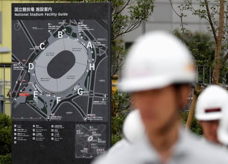 A facility guide map is displayed at the construction site of the New National Stadium, the main stadium of Tokyo 2020 Olympics and Paralympics, during a media opportunity in Tokyo