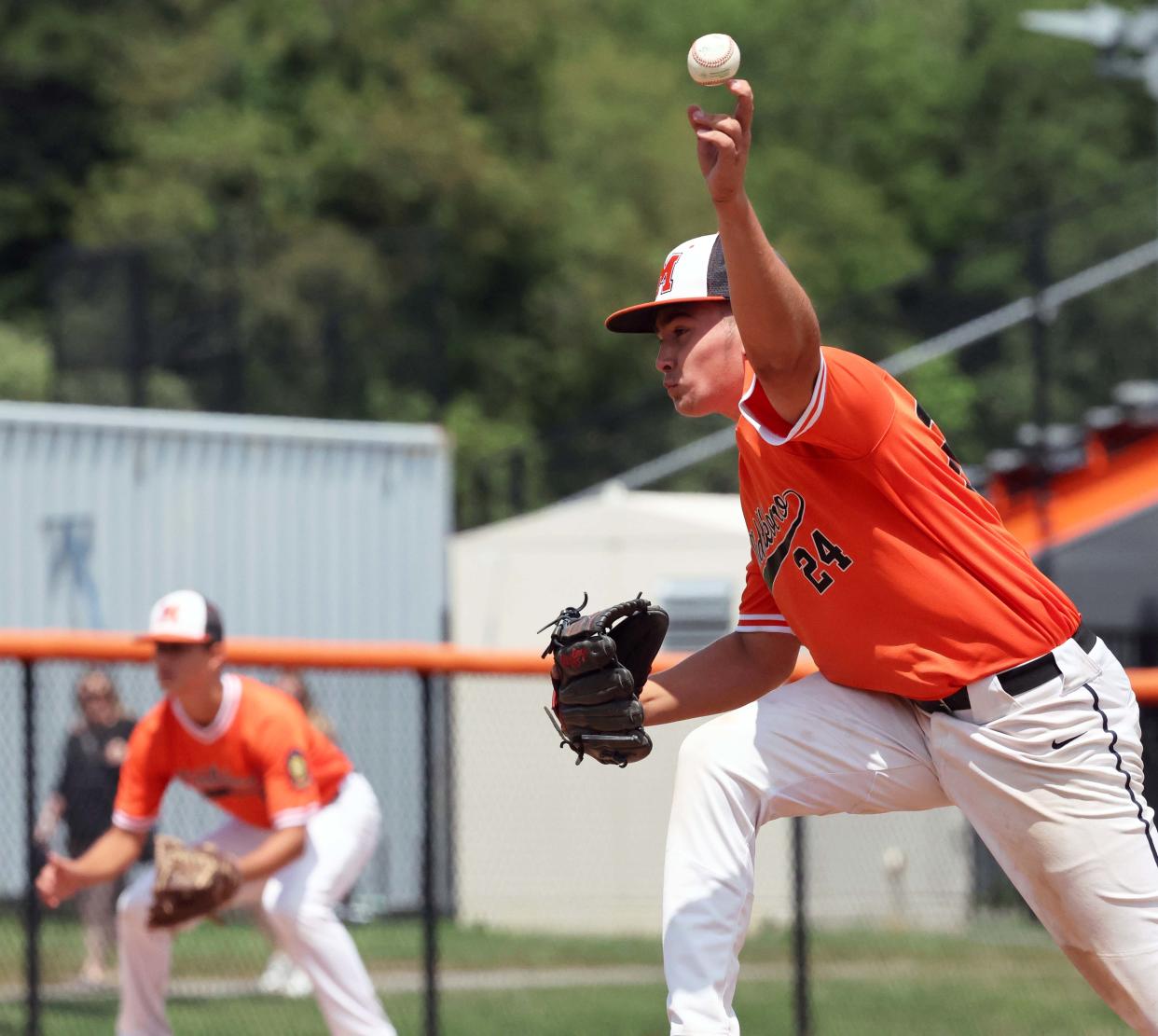 Middleboro Post 64 pitcher Brayden Wright delivers a pitch during a quarter final American Legion Junior Division game versus Marblehead/Swampscott Post 57 Mariners at Middleboro High School on Monday, July 31, 2023.     