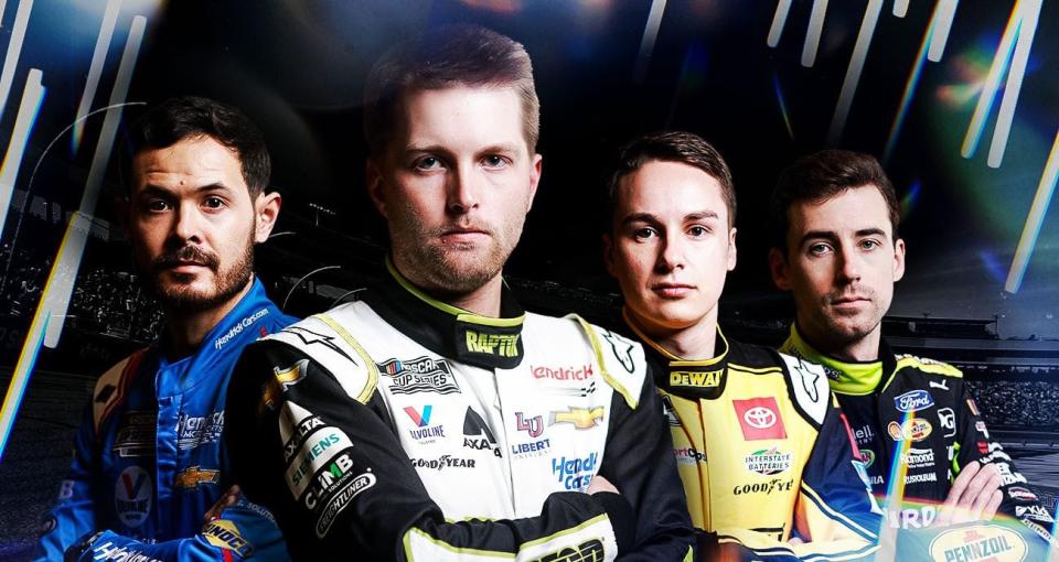 A graphic showcasing Championship 4 drivers Kyle Larson, William Byron, Christopher Bell and Ryan Blaney