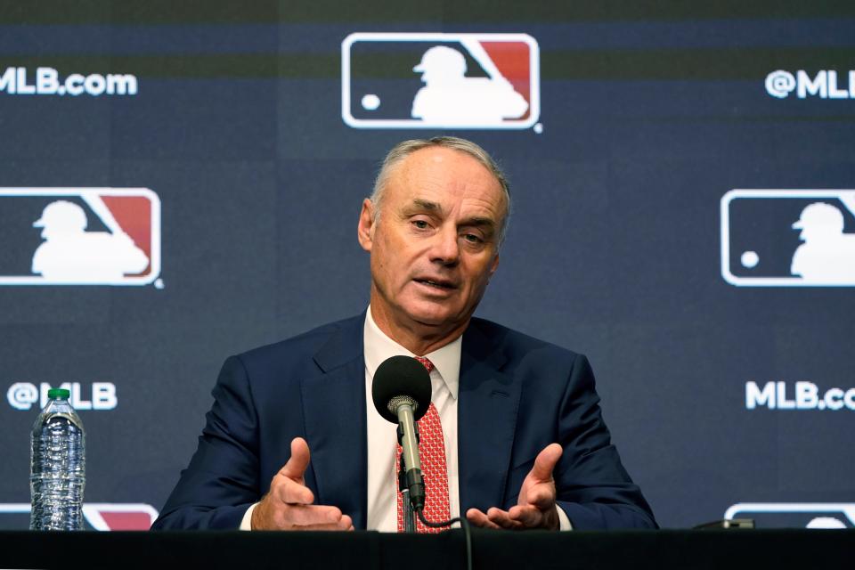 MLB commissioner Rob Manfred speaks during a news conference on Thursday.