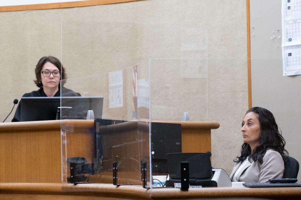 San Luis Obispo Superior Court Judge Jacquelyn Duffy, left, listens to forensic psychologist Roxanne Rassti’s tesitmony during the trial against Stephen Deflaun in San Luis Obispo Superior Court on Apr. 24, 2023.
