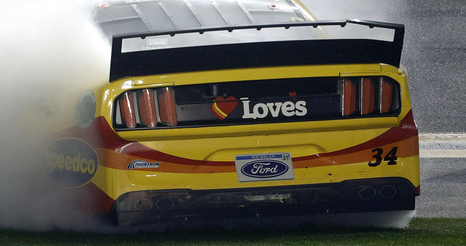 You can see the spoiler damage on the right side. (Photo by Chris Graythen/Getty Images)