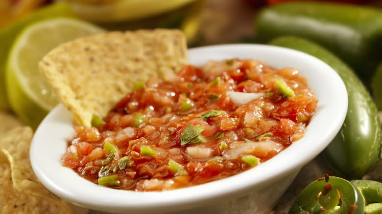 Bowl of salsa with jalapeños 