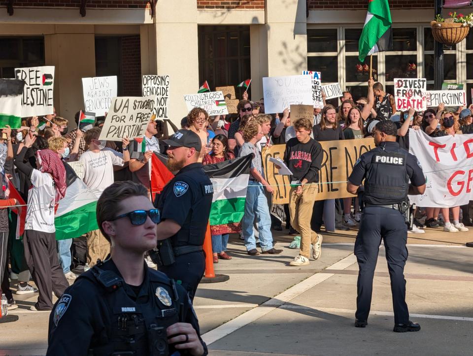 About 300 demonstrators gathered at the University of Alabama's Student Center plaza Wednesday, calling for solidarity with and a ceasefire in Palestine, calling on UA to cut ties with various agencies.