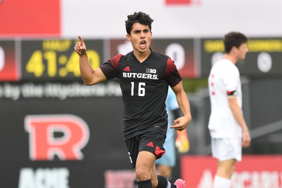 Rutgers' Matthew Acosta, a North Huntedon HS grad, celebrates after opening the scoring in the Big Ten Tournament final