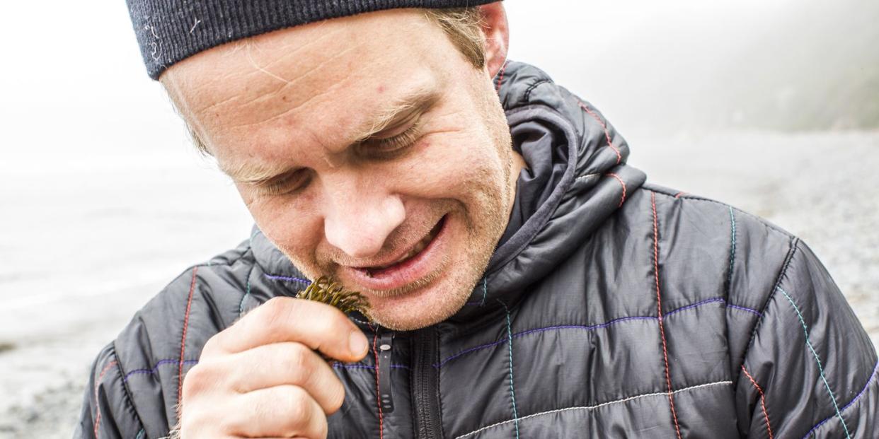 caucasian man biting seaweed near ocean