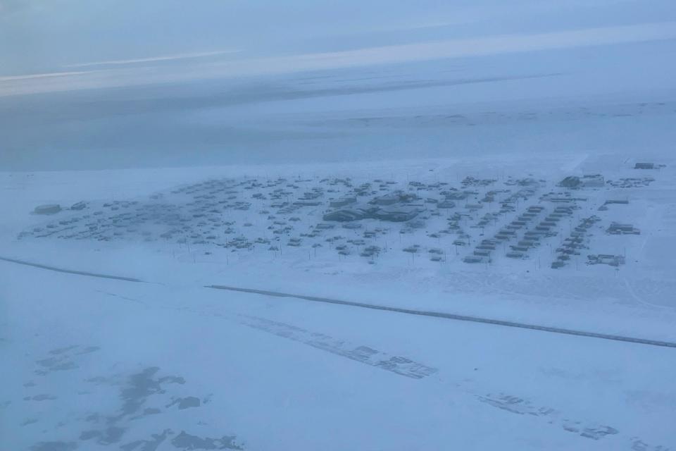 An aerial view shows the northwest Alaska village of Point Hope on the Chukchi Sea, on Sunday, Feb. 25, 2024. A fatal shooting at a home in a remote Inupiat whaling village on Alaska's northwest coast on Sunday, Feb. 25, 2024, shook the small community in Point Hope.