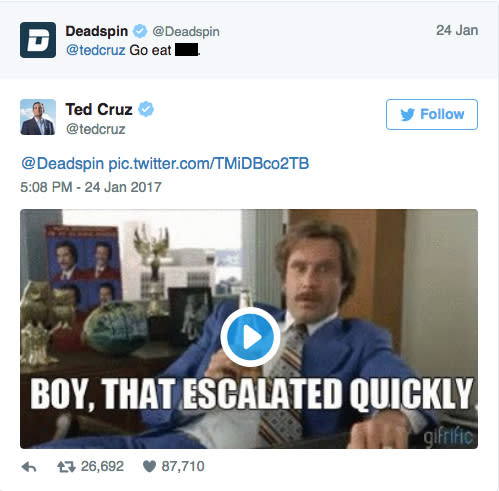 Ted Cruz's Twitter reply to Deadspin. (Screengrab)